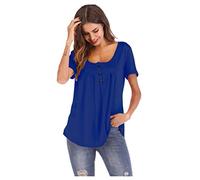 AMhomely Tunic Tops for Women UK Plus Size Square Neck Top Short Sleeve Casual Blouse Ruched Shirts Front Pleated Tees Shirts Loose Plain Basic Pullover Tops Shirts Longline Tops Holiday Blue XL