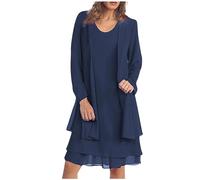 AMhomely Two Piece Dress Outfit Women Plus Size Elegant Dress Suits Mother of The Bride Sets Chiffon With Cardigan Solid Going Out Suits Partywear Wedding Guest Evening Outfit Navy 3XL