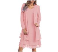 AMhomely Two Piece Dress Outfit Women Plus Size Elegant Dress Suits Mother of The Bride Sets Chiffon Dress with Cardigan Solid Going Out Dress Suits Partywear Wedding Guest Evening Outfit Pink 4XL