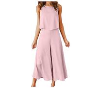 AMhomely Two Piece Outfits For Women Casual Sets Cotton Linen Loungesuits Wide Legs Trousers Sets Matching Vest Tracksuits Solid Color Full Going Out Sweatsuits Shirt Pants Co Ord Set Pink XL