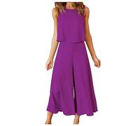 AMhomely Two Piece Outfits For Women Casual Sets Cotton Linen Loungesuits Wide Legs Trousers Sets Matching Vest Tracksuits Solid Color Full Going Out Sweatsuits Shirt Pants Co Ord Set Purple M