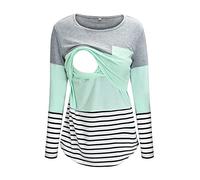 AMhomely UK Stock Clearance Maternity Round Neck Stripe Patchwork Long Sleeve Breast Feeding Pregnant Woman Nursing Blouse Tops T-Shirt, Gray 1, L