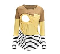 AMhomely UK Stock Maternity Round Neck Stripe Patchwork Long Sleeve Breast Feeding Pregnant Woman Nursing Blouse Tops T-Shirt, XXL