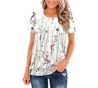 AMhomely UK Stock Party Wear Ruched Round Neck Blouse Tees for Women Solid Color Loose Short Sleeve Tops Summer Classic T-Shirt Loose Summer Tee Casual Pleated Henley Button up Tunic Shirts, XXL