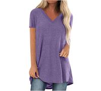 AMhomely V Neck Longline T Shirts for Women UK Top Ladies Plus Size Casual T Shirts Solid Loose Pullover Top Blouse Short Sleeve Casual Tees Vintage Classic Sports Tunic Tops Multicolor XL