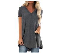 AMhomely V Neck Longline T Shirts for Women UK Top Ladies Plus Size Casual T Shirts Solid Loose Pullover Top Blouse Short Sleeve Casual Tees Vintage Classic Sports Tunic Tops Grey 4XL