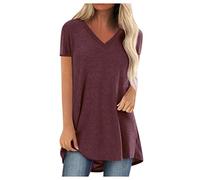 AMhomely V Neck Longline T Shirts for Women UK Top Ladies Plus Size Casual T Shirts Solid Loose Pullover Top Blouse Short Sleeve Casual Tees Vintage Classic Sports Tunic Tops Maroon XL