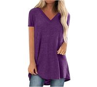 AMhomely V Neck Longline T Shirts for Women UK Top Ladies Plus Size Casual T Shirts Solid Loose Pullover Top Blouse Short Sleeve Casual Tees Vintage Classic Sports Tunic Tops Purple 5XL