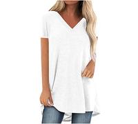 AMhomely V Neck Longline T Shirts for Women UK Top Ladies Plus Size Casual T Shirts Solid Loose Pullover Top Blouse Short Sleeve Casual Tees Vintage Classic Sports Tunic Tops White XXL