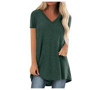 AMhomely V Neck Longline T Shirts for Women UK Top Ladies Plus Size Casual T Shirts Solid Loose Pullover Top Blouse Short Sleeve Casual Tees Vintage Classic Sports Tunic Tops Green XL