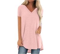 AMhomely V Neck Longline T Shirts for Women UK Top Ladies Plus Size Casual T Shirts Solid Loose Pullover Top Blouse Short Sleeve Casual Tees Vintage Classic Sports Tunic Tops Pink L