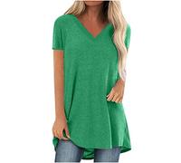 AMhomely V Neck Longline T Shirts for Women UK Top Ladies Plus Size Casual T Shirts Solid Loose Pullover Top Blouse Short Sleeve Casual Tees Vintage Classic Sports Tunic Tops Green 3XL
