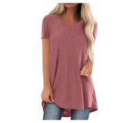 AMhomely V Neck Longline T Shirts for Women UK Top Ladies Plus Size Casual T Shirts Solid Loose Pullover Top Blouse Short Sleeve Casual Tees Vintage Classic Sports Tunic Tops Pink S