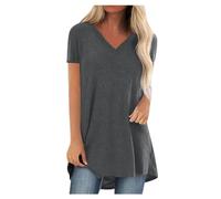 AMhomely V Neck Longline T Shirts for Women UK Top Ladies Plus Size Casual T Shirts Solid Loose Pullover Top Blouse Short Sleeve Casual Tees Vintage Classic Sports Tunic Tops Black S