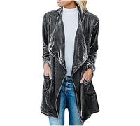 AMhomely Velvet Blazer for Women UK Long Elegant Cardigan Big Lapel Open Front Longline Casual Suit Plain Basic Coat with Pocket Elegant Office Jacket Grey M