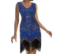AMhomely Vintage Dresses for Women 1940S Dresses for Women UK Elegant Wedding V Neck Sequin Midi Dress Fringe Glitter Bodycon Dress Sleeveless Mesh Patchwork Cocktail Evening Gown Blue XXL