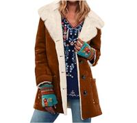 AMhomely Vintage Suede Jacket Women Faux Shearling Sherpa Lined Trench Coats Button Down Lapel Windbreak Outwear Solid Cashmere Fleece Winter Warm Short Casual Coffee L