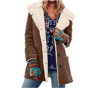 AMhomely Vintage Suede Jacket Women Faux Shearling Sherpa Lined Trench Coats Button Down Lapel Windbreak Outwear Solid Cashmere Fleece Winter Warm Short Casual Brown M