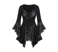 AMhomely Vintage Witch Dress with Gothic, Puff Sleeves, Frill & Patchwork Design - Ladies Grey Sizes Patchwork Elegant Dress Costume