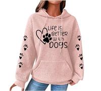 AMhomely Waffle Knit Hooded Sweatshirts For Women Ladies Hoodie With Paw Prints Life Is Better With Dogs Print Hooded Jumpers With Pocket Loose Fit Casual Pullover Tops Sportswear Tees Shirts Pink S