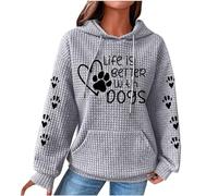 AMhomely Waffle Knit Hooded Sweatshirts For Women Ladies Hoodie With Paw Prints Life Is Better With Dogs Print Hooded Jumpers With Pocket Loose Fit Casual Pullover Tops Sportswear Tees Shirts Grey L
