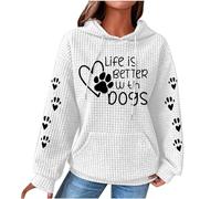 AMhomely Waffle Knit Hooded Sweatshirts For Women Ladies Hoodie With Paw Prints Life Is Better With Dogs Print Hooded Jumpers With Pocket Loose Fit Casual Pullover Tops Sportswear Tees Shirts White M