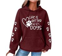 AMhomely Waffle Knit Hooded Sweatshirts For Women Ladies Hoodie With Paw Prints Life Is Better With Dogs Print Hooded Jumpers With Pocket Loose Fit Casual Pullover Tops Sportswear Tees Shirts Wine M