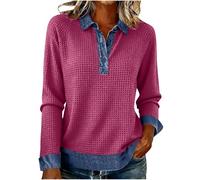 AMhomely Waffle Sweatshirt Women-Henley Pullover Ladies Denim Collar,Long Sleeve Lapel Blouses,Button Down Neck Tops,Solid Loose Denim Patchwork Dress Casual Shirts,Office Work A Hot Pink XL