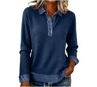 AMhomely Waffle Sweatshirt Women-Henley Pullover Ladies Denim Collar,Long Sleeve Lapel Blouses,Button Down Neck Tops,Solid Loose Denim Patchwork Dress Casual Shirts,Office Work A Navy S