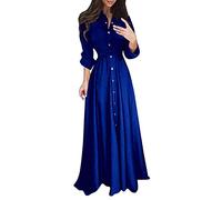 AMhomely Wedding Guest Dresses for Women UK Clearance Button Down Maxi Dress Ladies Elegant Party Long Shirt with Belts Solid Colour Sleeve Floor Length Sale Navy, XXL