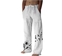 AMhomely Wide Leg Linen Trousers Lounge Trousers for Men Wide Legs Palazzo Pants Summer Cotton Linen Leg Pants Printed Drawstring Leisure Sports Holiday Comfortable Yoga Workout White L