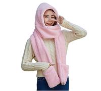 AMhomely Winter 3 in 1 Faux Fur Bomber Hat Neck Warmer Ear Flap Hooded Scarf Hats Hoodie Gloves Pocket Hat Long Scarf Shawl Wraps Coral Fleece Fluffy Warm Beanie Caps Winter Headwarmer Pink One Size