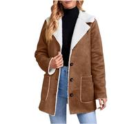 AMhomely Winter Jacket for Women Faux Suede Shearling Coat Sherpa Fleece Lined Thicken Thermal Button Warm Overcoat Faux Sheepskin Buckle Casual Plush Cardigans with Pockets Trucker Jacket Coffee XXL