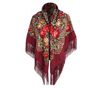 AMhomely Winter Large Scarf For Women Wrap Shawl Russian Traditional Shawl Ukrainian Polish Russian Fringed Scarf Floral Knitted Wrap Scarves Neck Head Vintage Tassel Wraps Wine One Size
