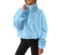 AMhomely Winter Sweatshirt For Women Long Sleeve Zip Fleece Warm Fuzzy Pullover Tunic Tops Solid Casual Tees Sweater With Pocket Loungewear Casual Fuzzy Coats 03 Light Blue XL