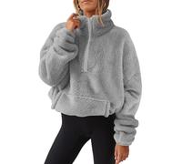 AMhomely Winter Sweatshirt For Women Long Sleeve Zip Fleece Warm Fuzzy Pullover Tunic Tops Solid Casual Tees Sweater With Pocket Loungewear Casual Fuzzy Coats 03 Grey S