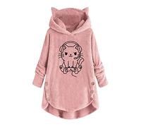 AMhomely Woman's Casual Printing Cat Ears Plush Buttons Long Sleeved Hooded Plush Coat Top