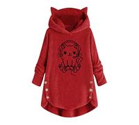 AMhomely Woman's Casual Printing Cat Ears Plush Buttons Long Sleeved Hooded Plush Coat Top
