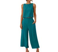 AMhomely Women 2 Piece Casual Cotton Linen Pants Outfits Sleeveless Button Down Shirt Wide Leg Pants Loungewear Set Streetwear Wedding Guest Outfits For Ladies Blue S