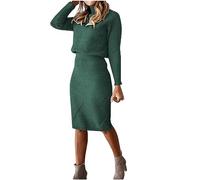 AMhomely Women 2 Piece Outfit Set Y2K Slim Crop Top and Skirt Co-Ord Suit Ribbed Knitted Skirts Long Sleeve Sweater Wrap Outfits Going Out Green 3XL