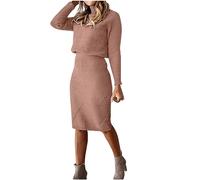 AMhomely Women 2 Piece Y2K Sexy Slim Crop Top and Skirt Co-Ord Suit Ribbed Knitted Long Sleeve Sweater Wrap Casual Elegant Outfits Going Out Brown S