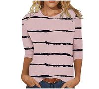 AMhomely Women 3/4 Sleeve Tops Stripe Print Casual T Shirts Crewneck Loose Fit Pullover Tops Blouse Round Neck Basic Tee Shirts Loose Fit Basic Tee Elegant Office Work Pink L