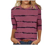 AMhomely Women 3/4 Sleeve Tops Stripe Print Casual T Shirts Crewneck Loose Fit Pullover Tops Blouse Round Neck Basic Tee Shirts Loose Fit Basic Tee Elegant Office Work Red M