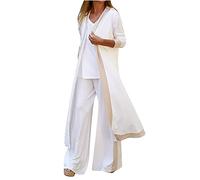 AMhomely Women 3 Pieces Set Soft Vest T-Shirt Long Sleeve Fall Open Front Cardigan Coat Top Long Hight Waist Trouser Pant Casual Suit White, S