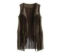 AMhomely Women Autumn Winter Suede Ethnic Sleeveless Tassels Fringed Vest Cardigan Green, 3XL