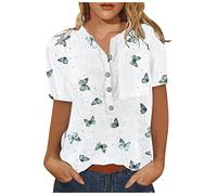 AMhomely Women Blouse Party Elegant Short/Long Sleeve Tops for Work UK Casual Cotton Linen T Shirt Loose Fit Button Down Lapel Tees Blouses Ladies Business Office Top Spring/Summer…, Blue_4 XXL