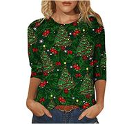 AMhomely Women Blouse Sale Clearance UK Ladies Spring Christmas Printed Mid-Length 3/4 Sleeves O-Neck Casual Tee Tops T-Shirt Vintage for Work Officce, Green, XL