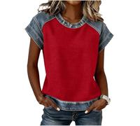 AMhomely Women Blouses Elegant Dressy Casual Round Neck Trendy Casual Denim Print Patchwork Solid Color Short Sleeve Tops Summer Shirts for Women UK Work Tunic Blouses