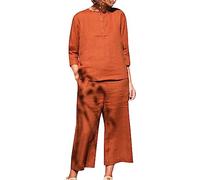 AMhomely Women Casual 2 Piece Shorts Set 3/4 Sleeve Button Down Shirt Trouser Suit Cotton Linen Outfits Co-ord Sets Oversized Going Out Sets Baggy Blouse Wide Legs Trousers Sets Party Orange M