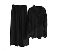 AMhomely Women Casual 2 Piece Shorts Set Long Sleeve Button Down Shirt Blouse Cotton Linen Outfits Co-ord Sets Long Sleeve Oversized Going Out Sets Baggy Blouse Wide Legs Trousers Party Black L